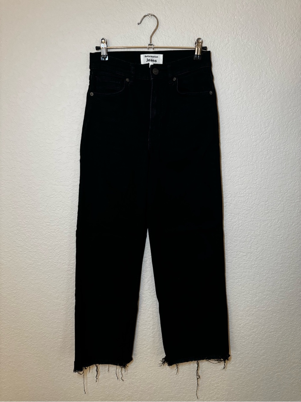 Reformation Black Straight Crop Jeans with Frayed Hem